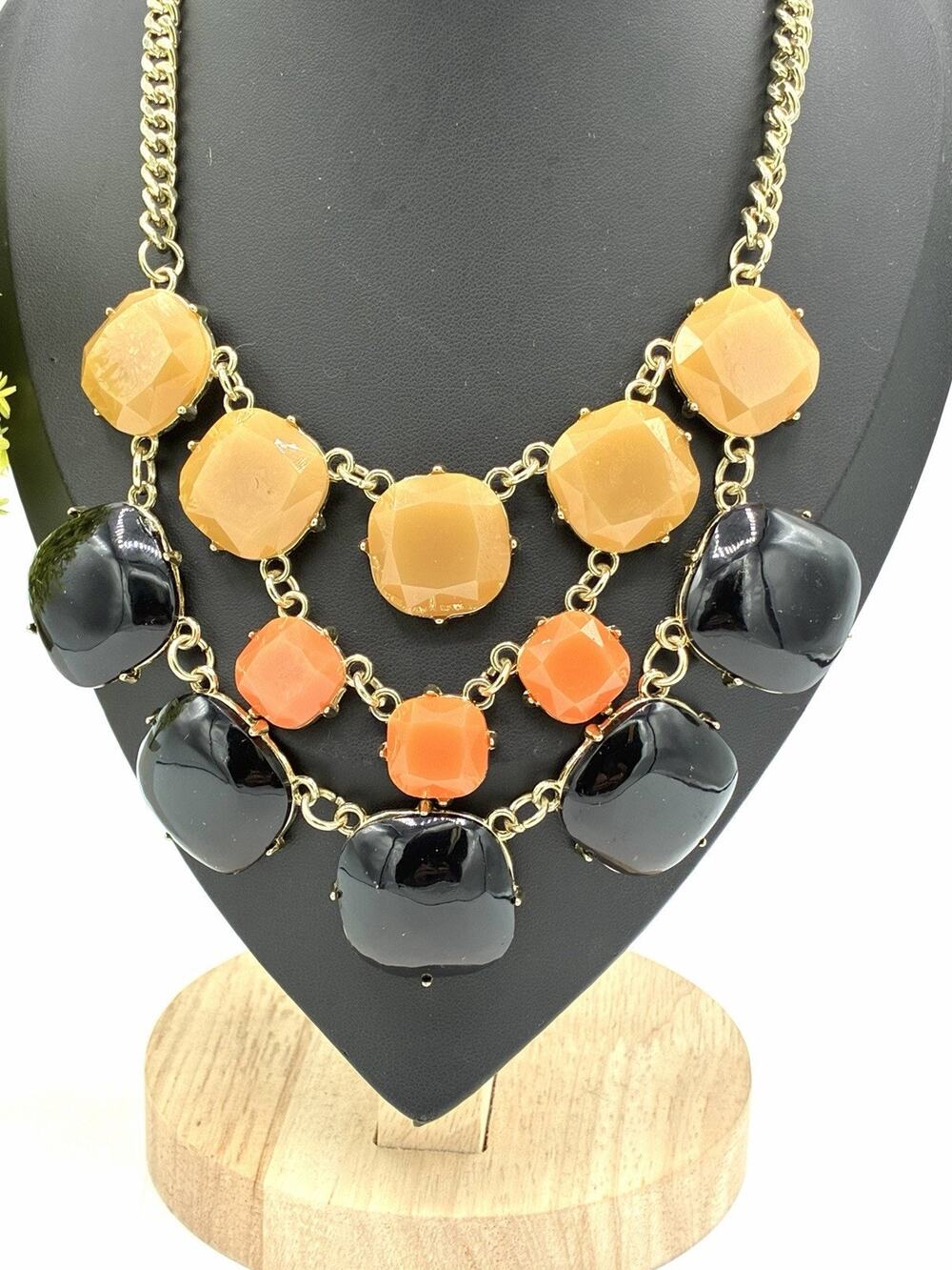 Sophia & Kate Statement Necklace Earrings Set Black Orange Gold Tone NOS